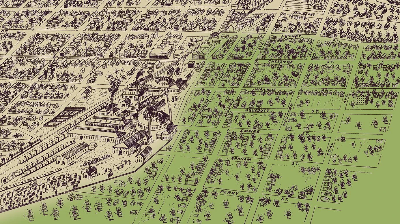 Forty Acres, an Irish neighborhood west of the Chicago & Alton Railroad shops, was the center of Irish life. It began as an unincorporated part of Bloomington just outside the city limits.