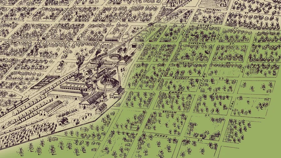 Forty Acres, an Irish neighborhood west of the Chicago & Alton Railroad shops, was the center of Irish life. It began as an unincorporated part of Bloomington just outside the city limits.