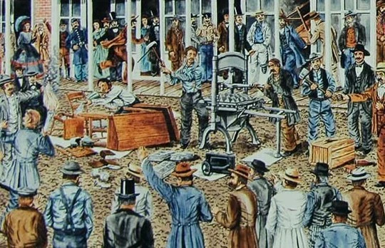 Colorful illustrated scene of a busy Victorian-era street fair or market with numerous people in period clothing engaged in various activities around wooden structures, carts, and makeshift stalls, viewed from an elevated perspective.