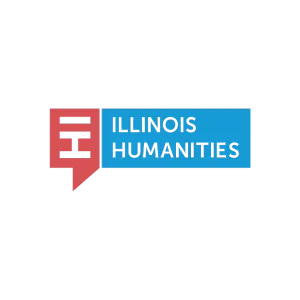 Illinois Humanities logo featuring a red speech bubble with white horizontal lines on the left and blue rectangular section with white text reading 