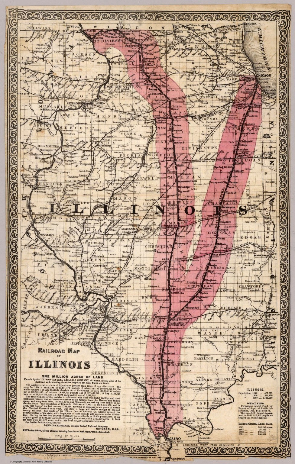 Railroad Map of Illinois showing the Illinois Central Railroad Company's landholdings in pink/red shading across the state, with county boundaries, towns, and railway lines marked in black. Ornate decorative border frames the map. Text box in lower left corner provides details about the railroad company's land grants and acreage.