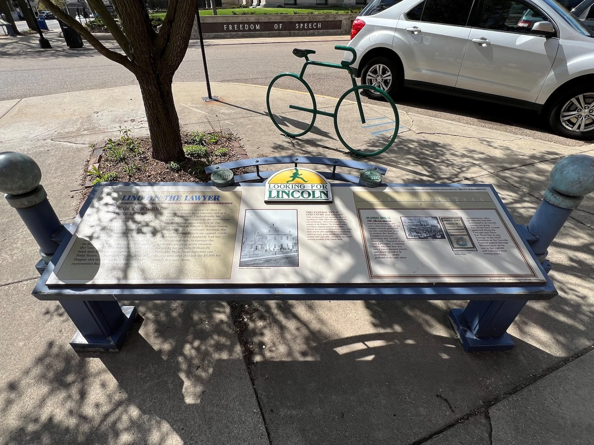 Historical marker bench displaying 