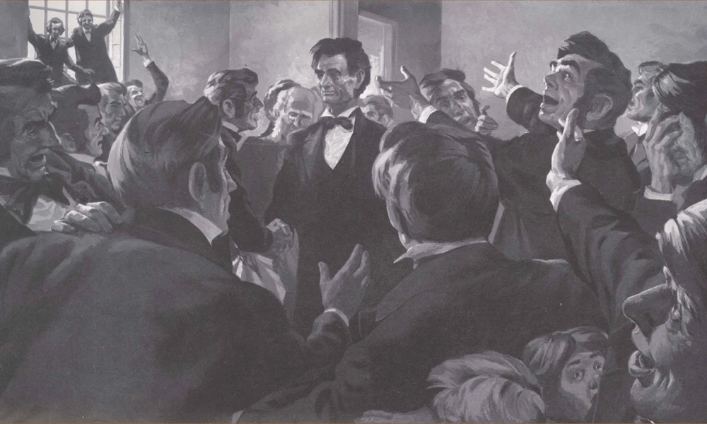Illustration of Abraham Lincoln surrounded by men celebrating his completed speech.
