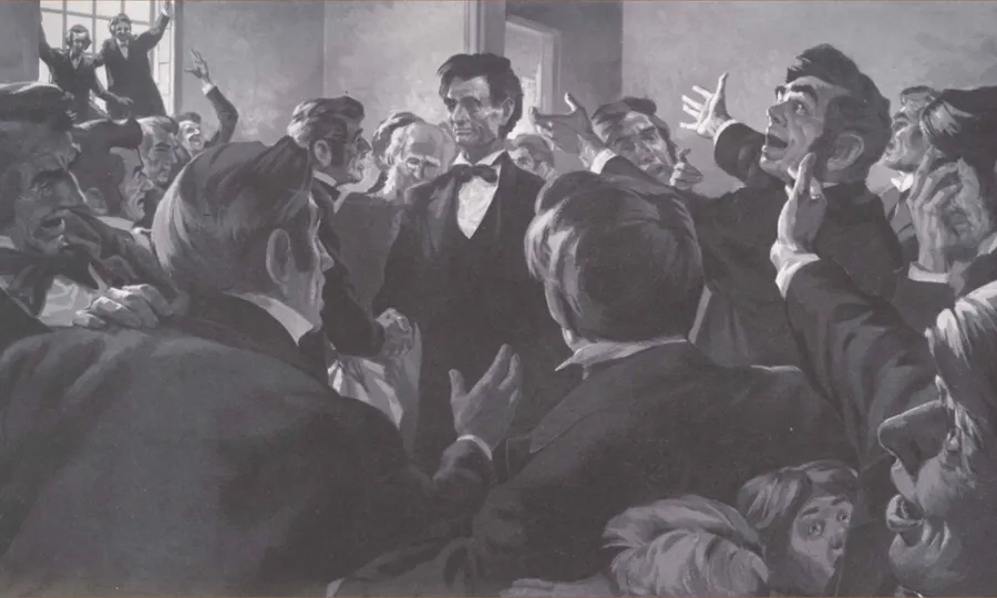 Illustration of Abraham Lincoln surrounded by men celebrating his completed speech.