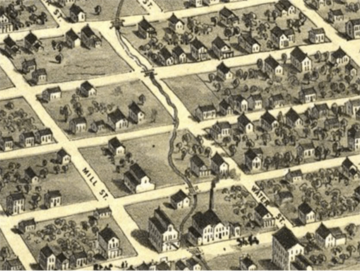 Aerial illustration of a residential neighborhood with uniform rows of single-family homes arranged in a grid pattern along streets labeled 