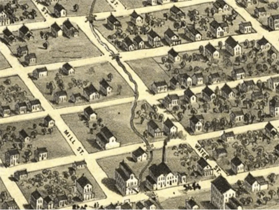 Aerial illustration of a residential neighborhood with uniform rows of single-family homes arranged in a grid pattern along streets labeled 