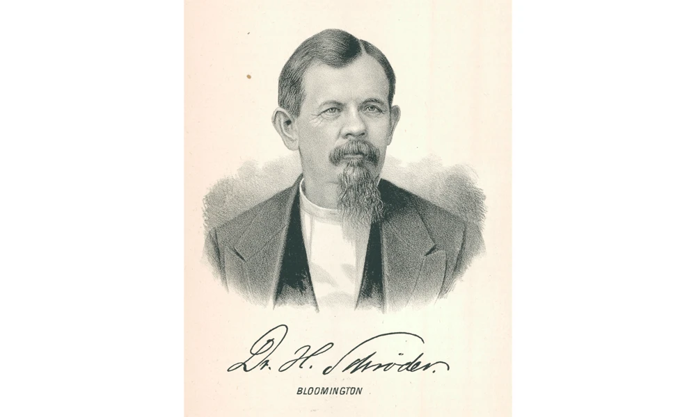 Illustrated portrait of a bearded man in formal 19th-century attire with a signature reading 