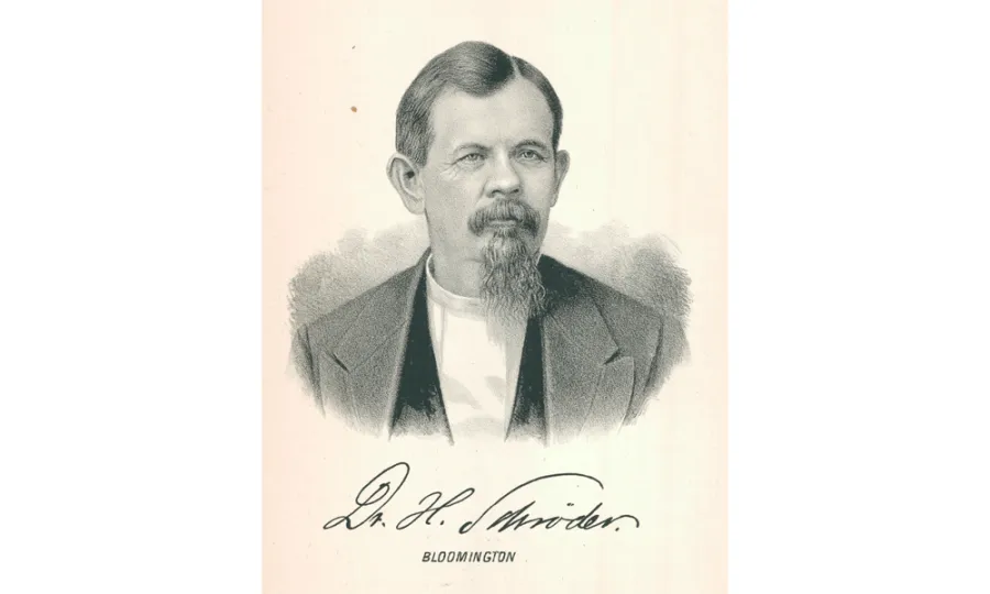 Illustrated portrait of a bearded man in formal 19th-century attire with a signature reading 
