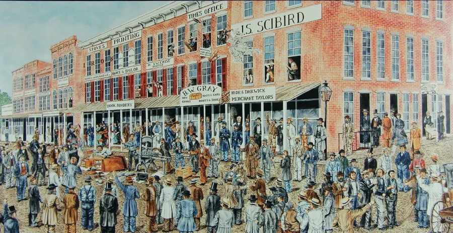 Illustration of the sacking of the Bloomington Times building.