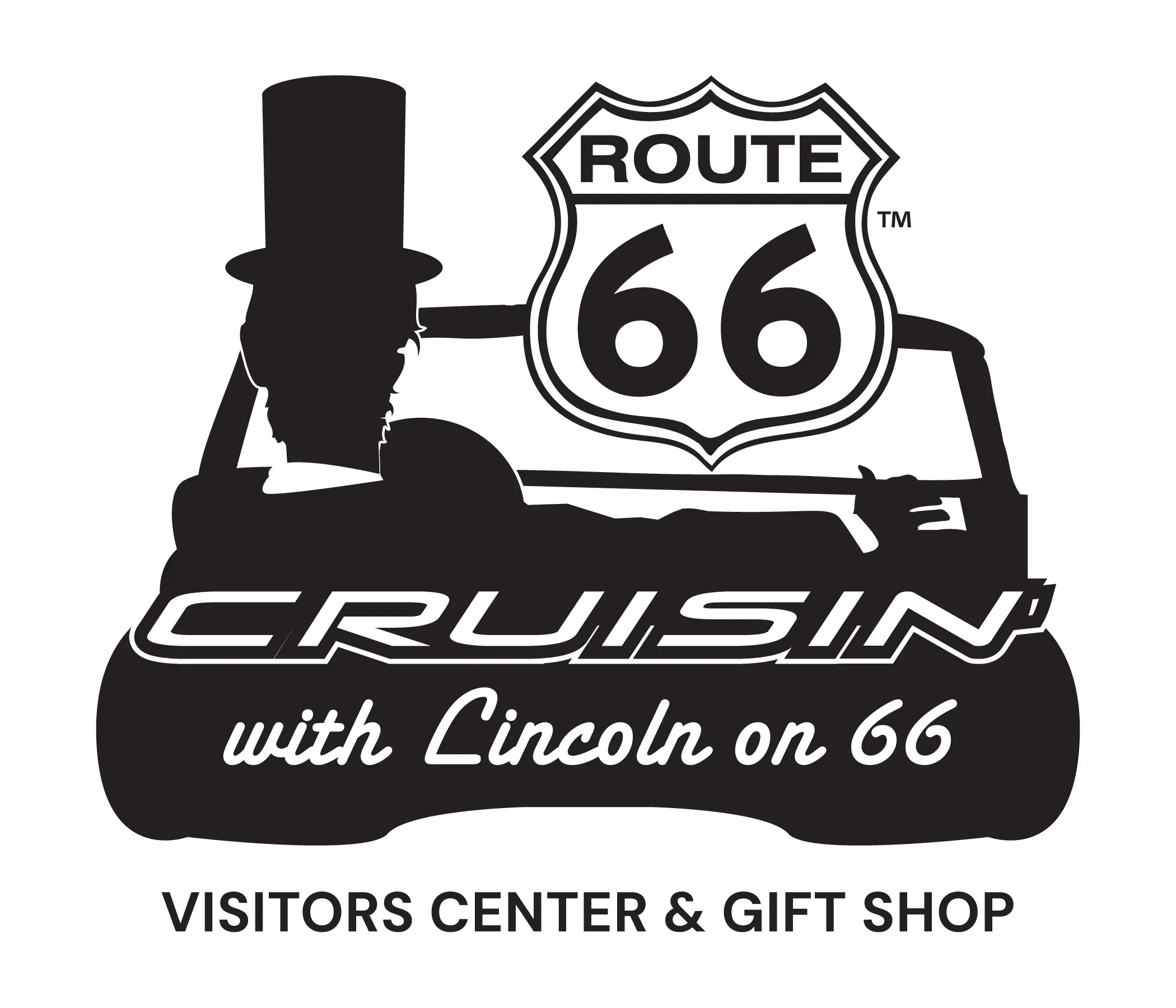 Black and white logo featuring a silhouette of a man wearing a top hat in a convertible car, with the Route 66 shield sign above. Text reads 