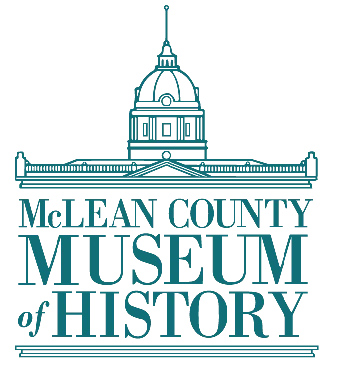 McLean County Museum of History logo featuring a teal-colored classical government building with a domed cupola and spire, centered above the museum name in serif typography.
