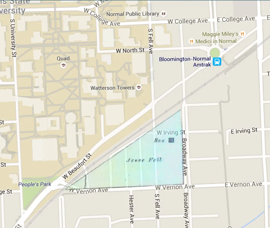 Map of Bloomington-Normal area showing Illinois State University campus (beige), streets including W College Ave and W North St, landmarks such as Normal Public Library, Watterson Towers, and the Quad, nearby businesses including Maggie Miley's and Medicin in Normal, People's Park, Jesse Fell natural area, and the Bloomington-Normal Amtrak station marked with a blue pin.
