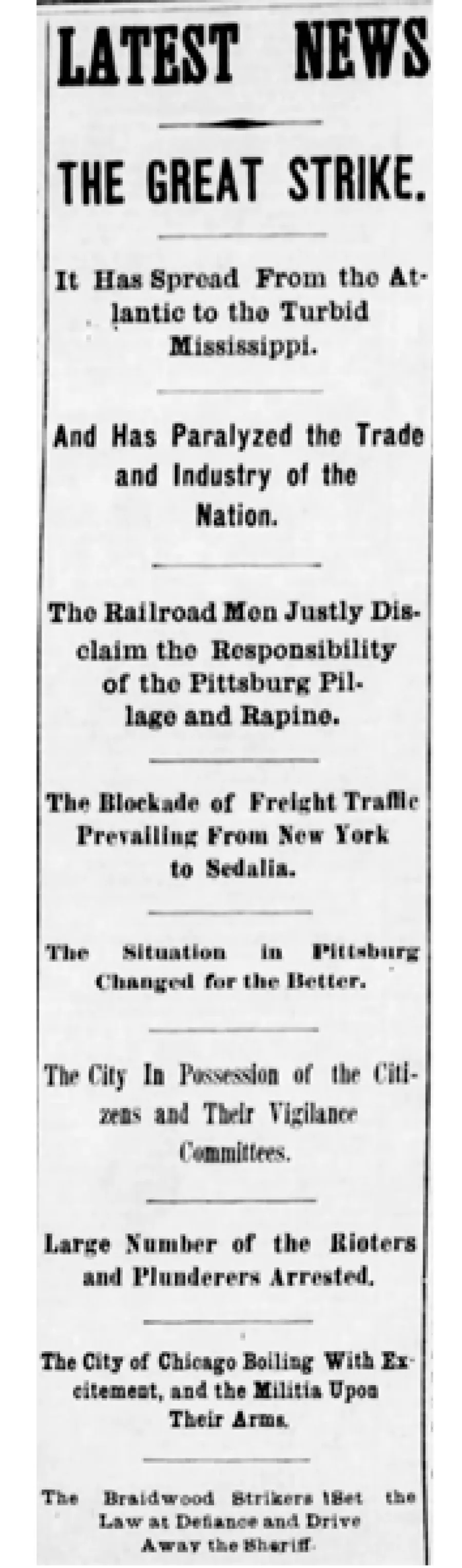 newspaper clipping about the great strike spreading from the atlantic to mississippi